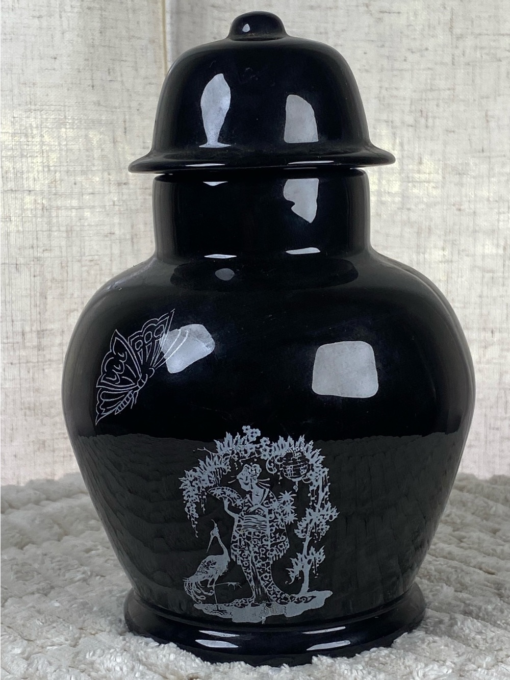 Vintage 1981 Signed Black Chinoiserie Ginger Jar Dark Romantic